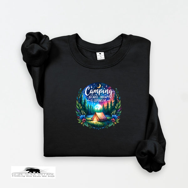 Black sweatshirt with a colorful graphic and text on a white background