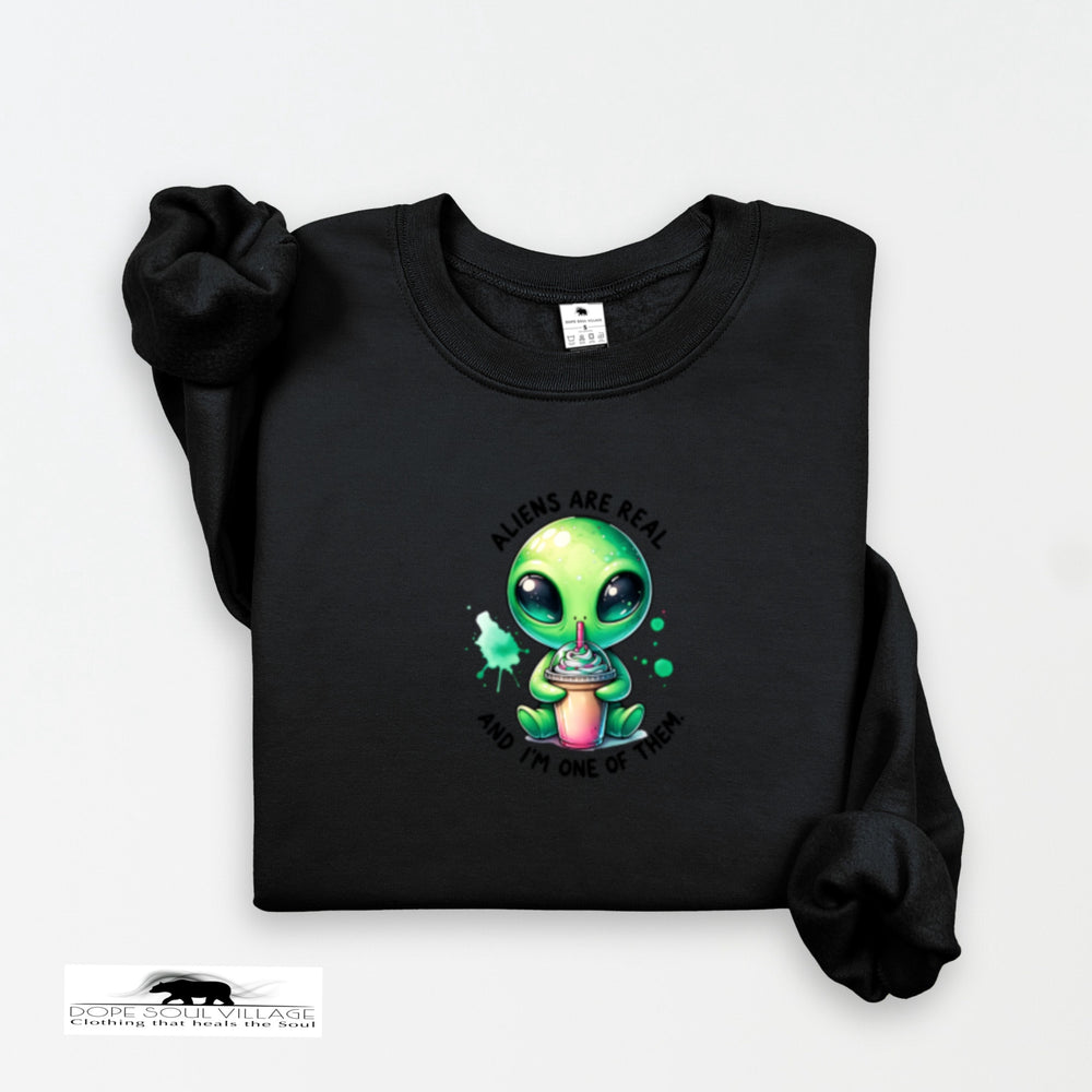 Black sweatshirt with a green alien graphic and text on a white background