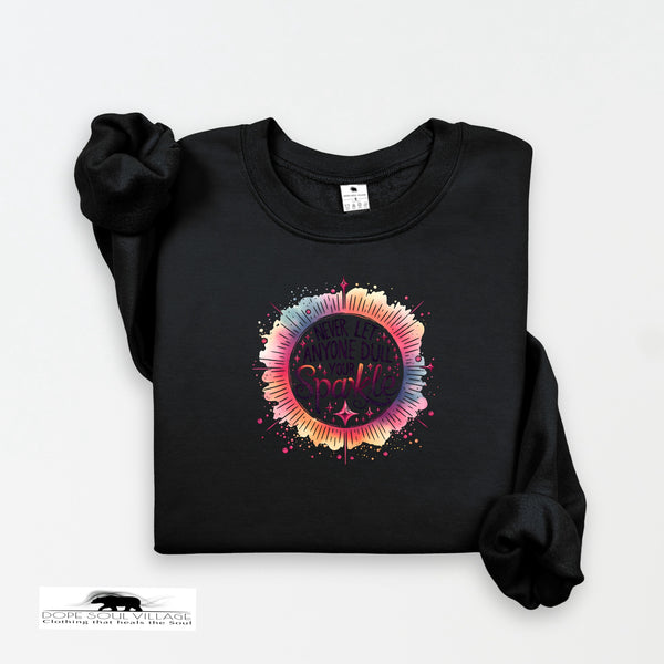 Black sweatshirt with colorful graphic design on a white background