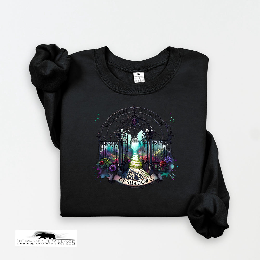 Black sweatshirt with a colorful graphic design on a white background