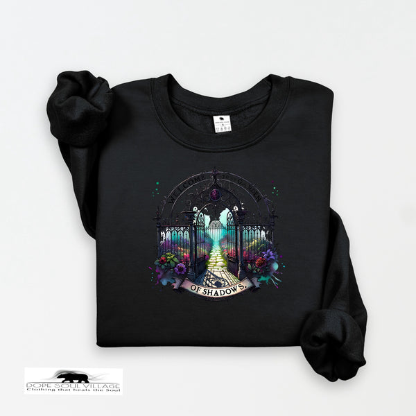 Black sweatshirt with a colorful graphic design on a white background