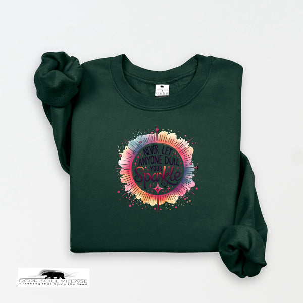 Green sweatshirt with colorful design and text on a white background