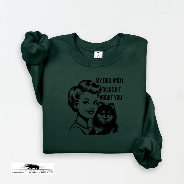 Green sweatshirt with graphic and text on a white background
