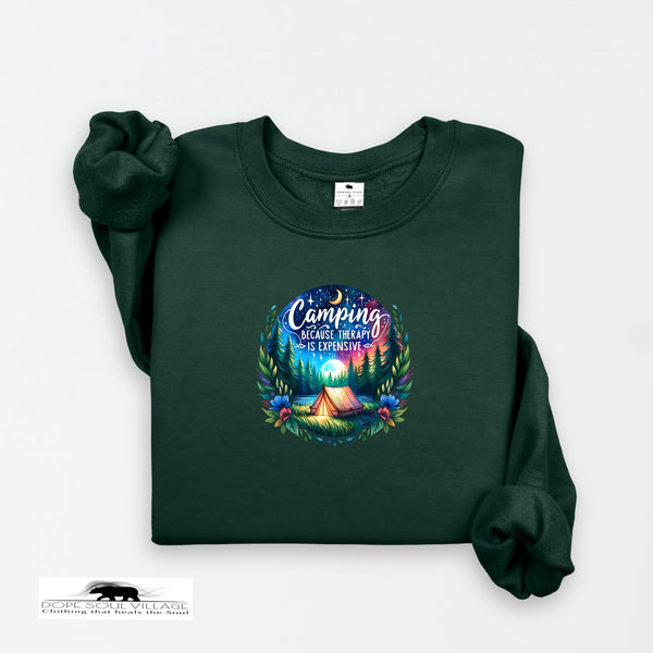 Dark green sweatshirt with a colorful graphic and text on a white background