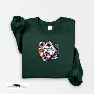 Dark green sweatshirt with a graphic design on a white background