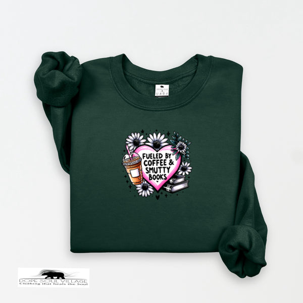 Dark green sweatshirt with a graphic design on a white background