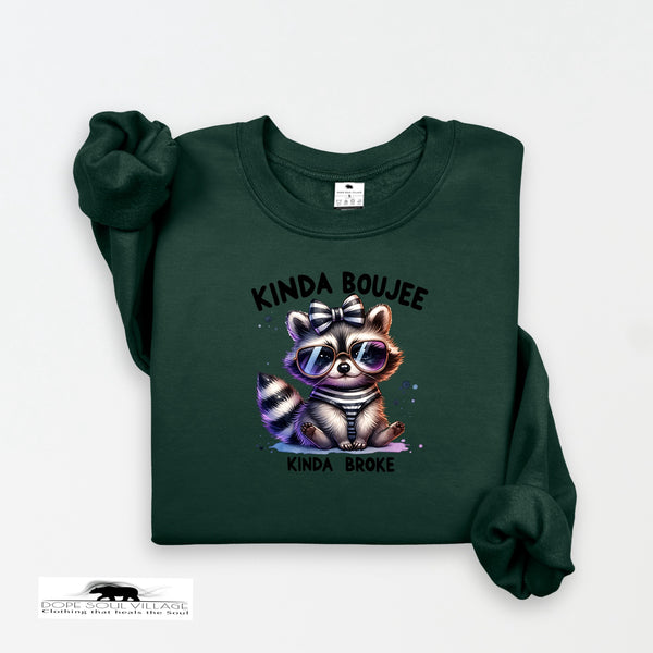 Green sweatshirt with a raccoon graphic and text on a white background