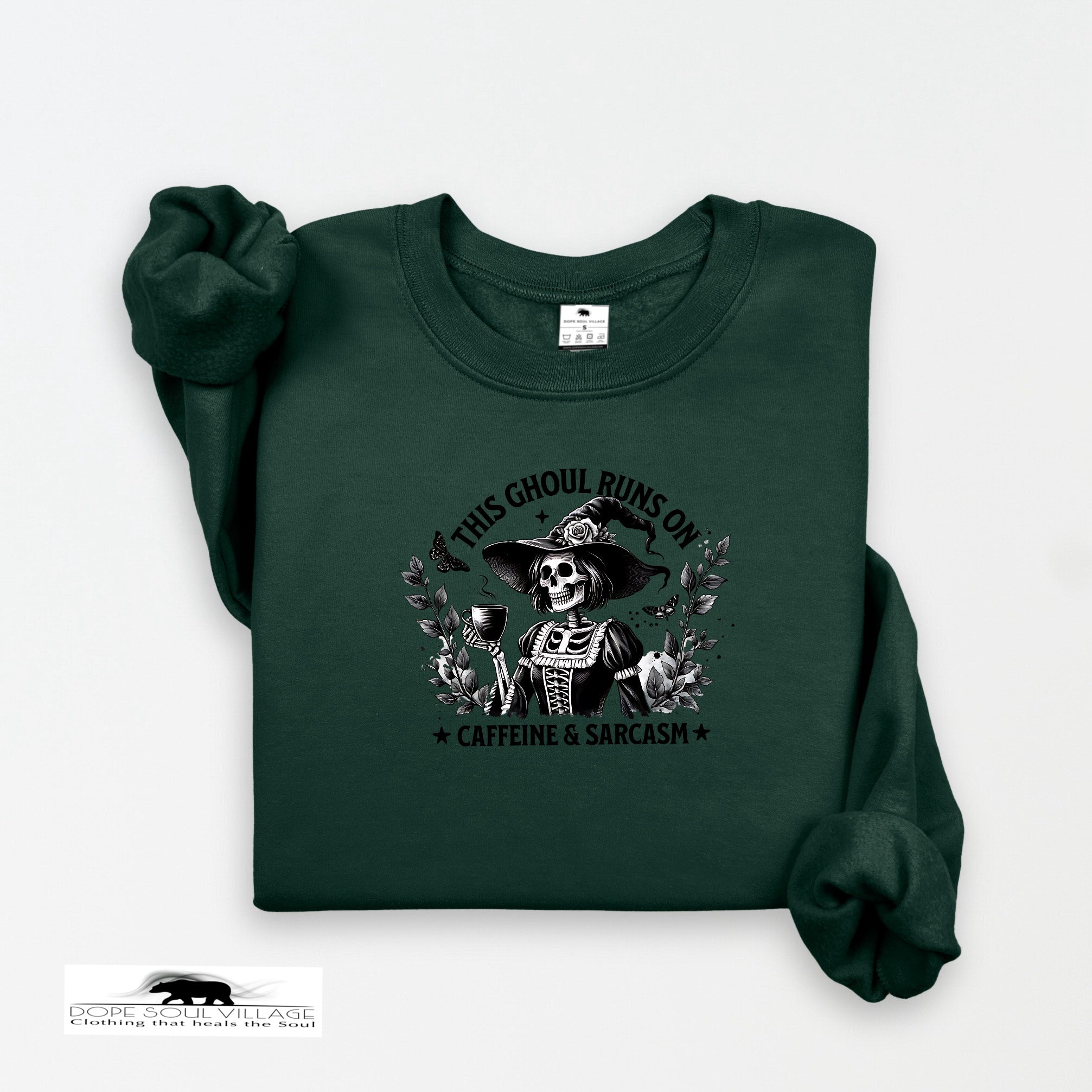 Dark green sweatshirt with a graphic design on a white background