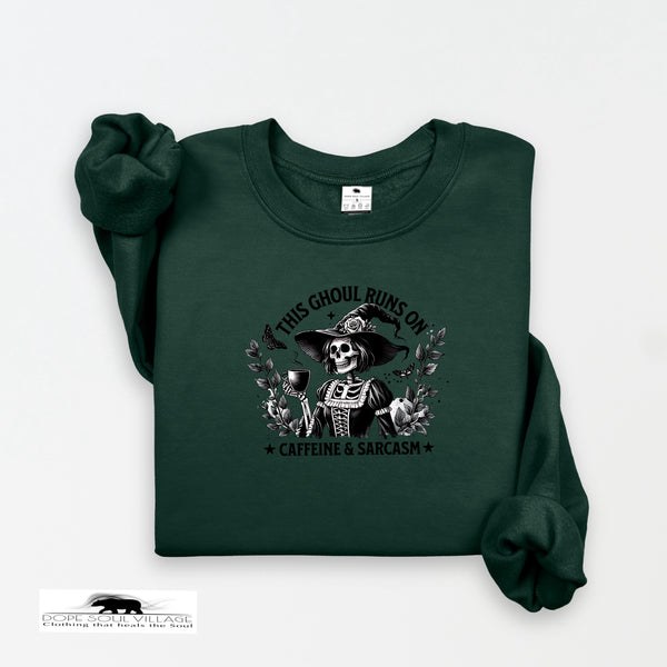 Dark green sweatshirt with a graphic design on a white background