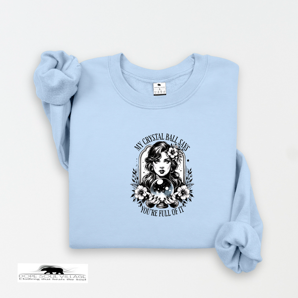 Light blue sweatshirt with a graphic design on a white background
