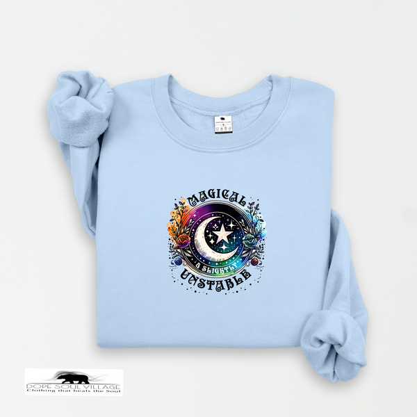 Light blue sweatshirt with a colorful graphic design on a white background