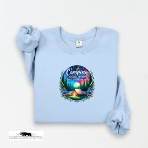 Light blue sweatshirt with a camping graphic and text on a white background