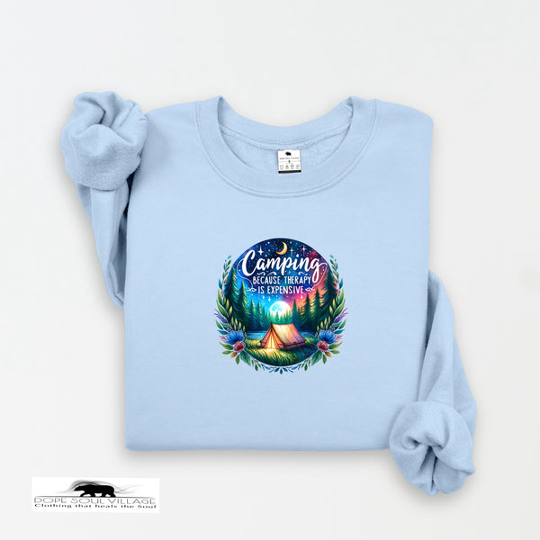 Light blue sweatshirt with a camping graphic and text on a white background
