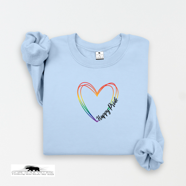 Light blue sweatshirt with rainbow heart and 'Happy Pride' text on a white background