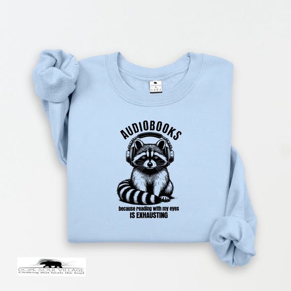 Light blue sweatshirt with raccoon graphic and text on a white background
