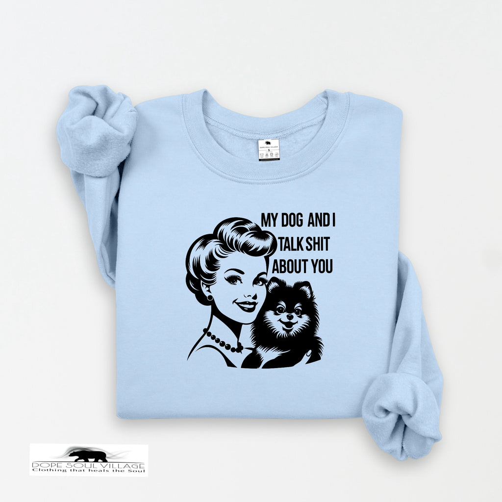 Light blue sweatshirt with graphic design and text on a white background