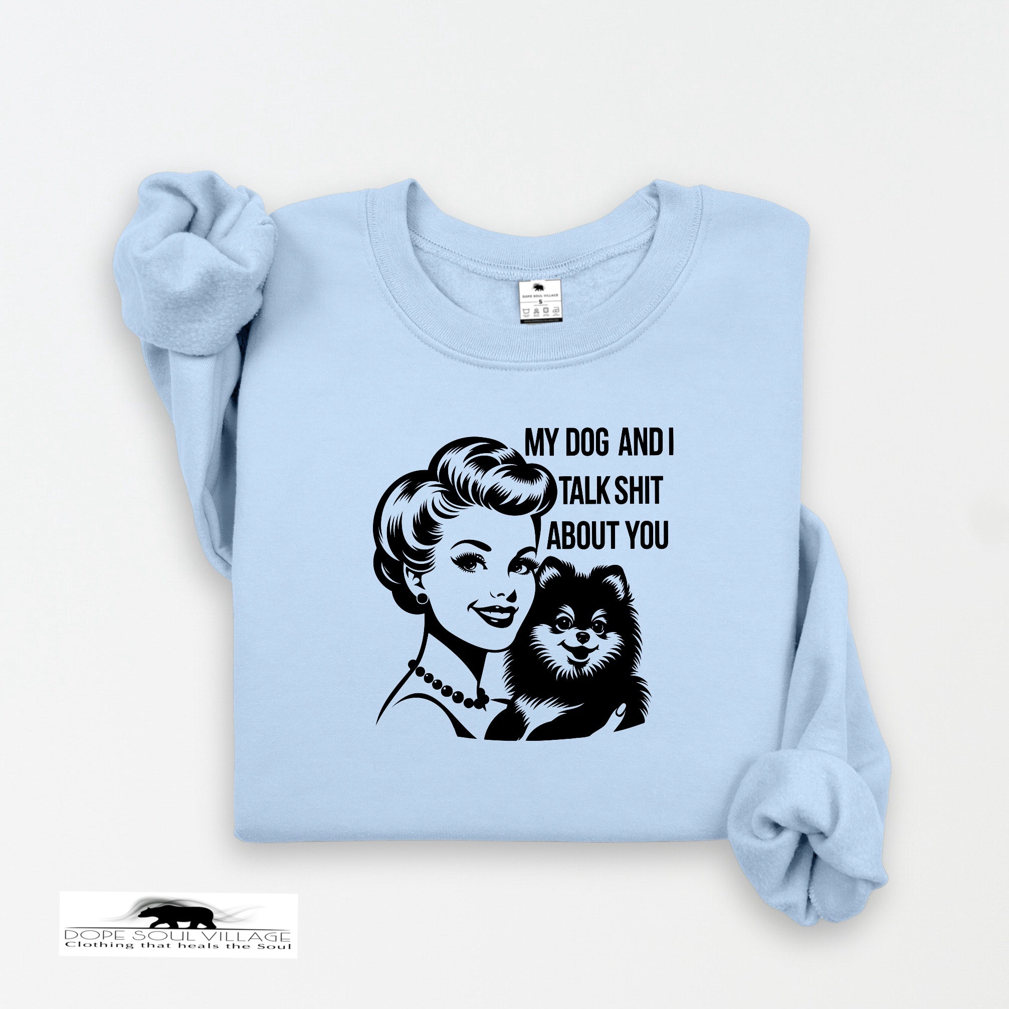 Light blue sweatshirt with graphic design and text on a white background