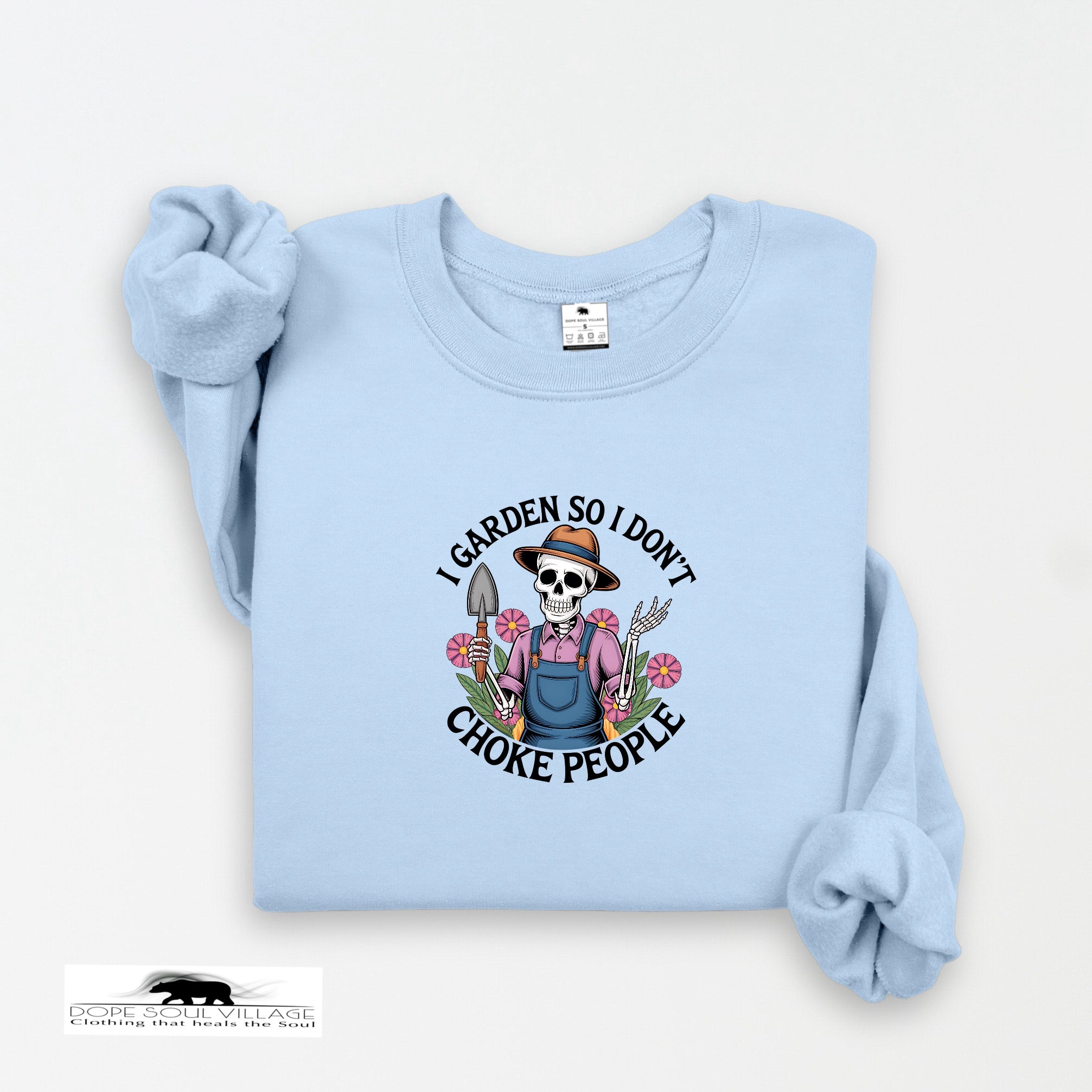 Light blue sweatshirt with a graphic design and text on a white background
