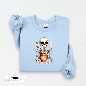Light blue sweatshirt with a skeleton design on a white background