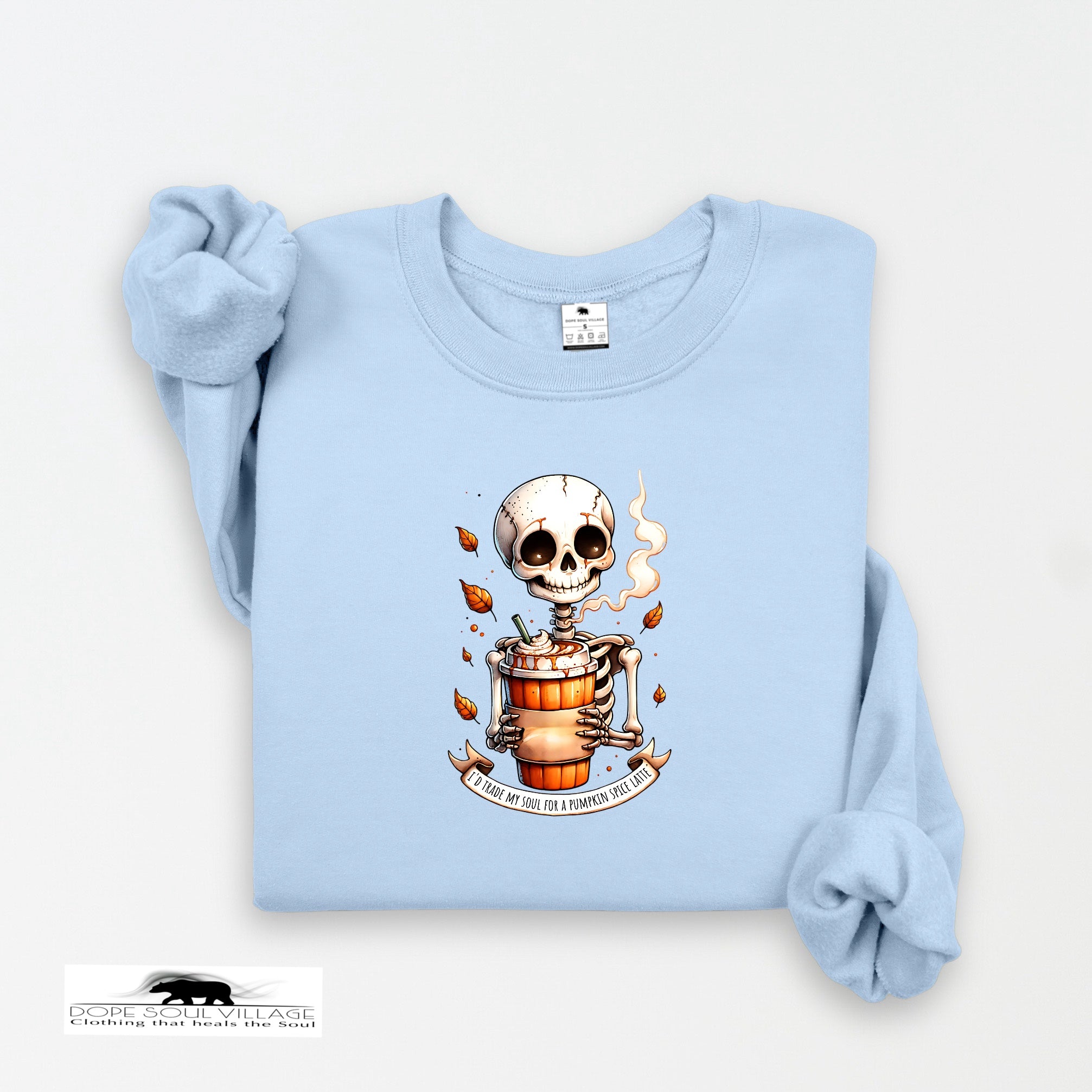 Light blue sweatshirt with a skeleton design on a white background