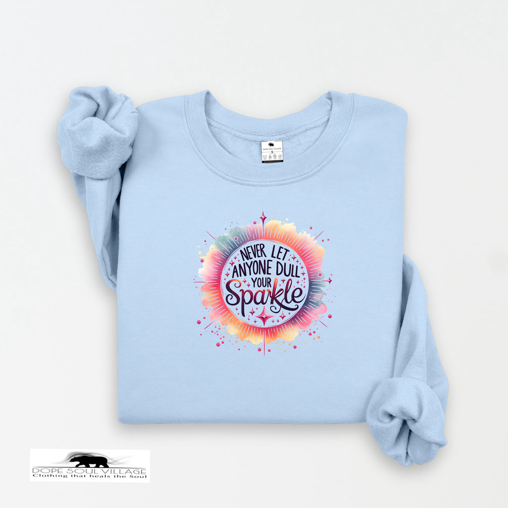 Light blue sweatshirt with colorful graphic and text on a white background