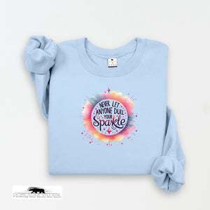 Light blue sweatshirt with colorful graphic and text on a white background