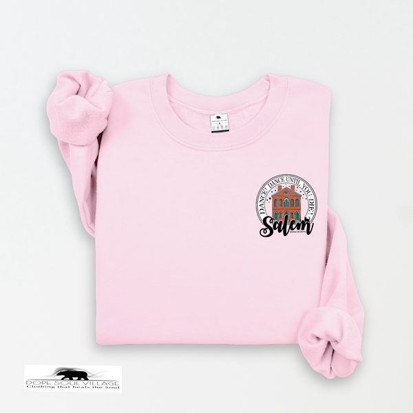 Pink sweatshirt with a graphic design on a white background salem sister halloween collection