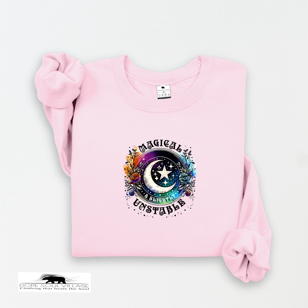 Pink sweatshirt with a colorful graphic design on a white background