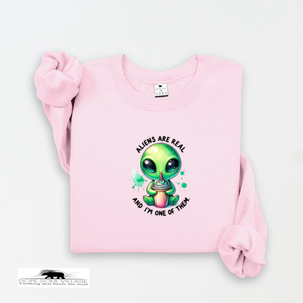 Pink sweatshirt with a green alien graphic and text on a white background