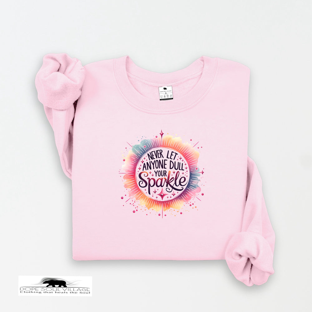 Pink sweatshirt with colorful graphic and text on a white background