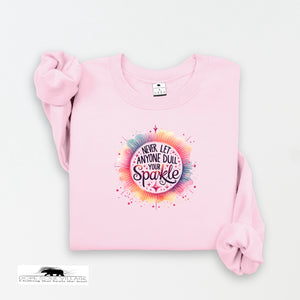 Pink sweatshirt with colorful graphic and text on a white background