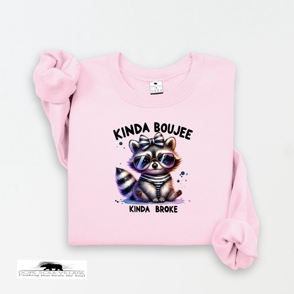 Pink sweatshirt with a raccoon graphic and text on a white background