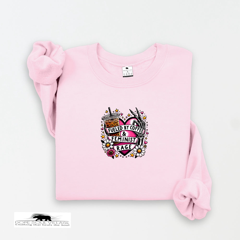 Pink sweatshirt with a graphic design on a white background