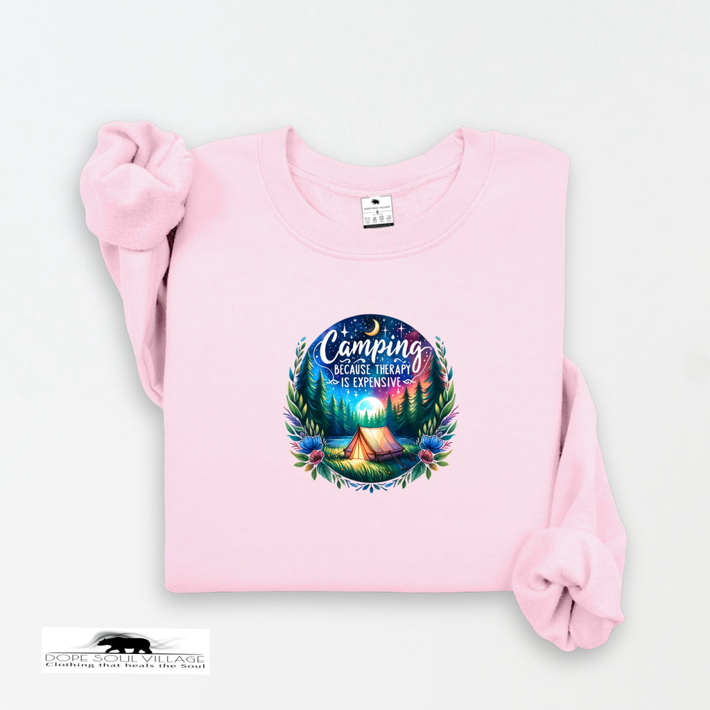 Pink sweatshirt with a colorful graphic and text on a white background