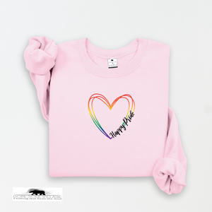Pink sweatshirt with rainbow heart and 'Happy Pride' text on a white background