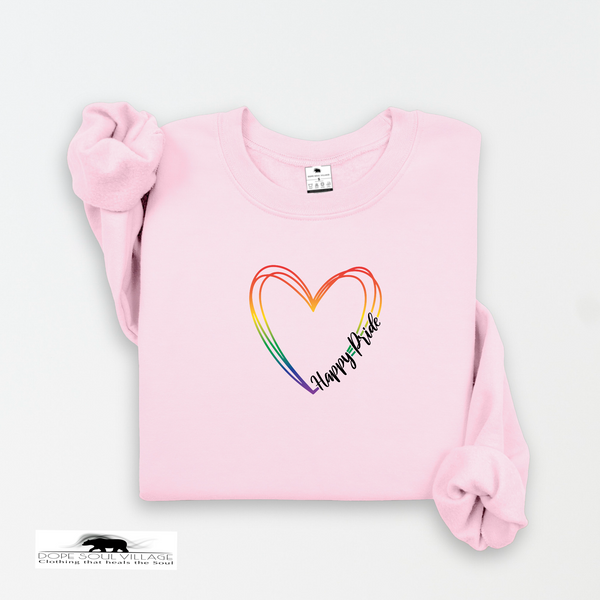 Pink sweatshirt with rainbow heart and 'Happy Pride' text on a white background