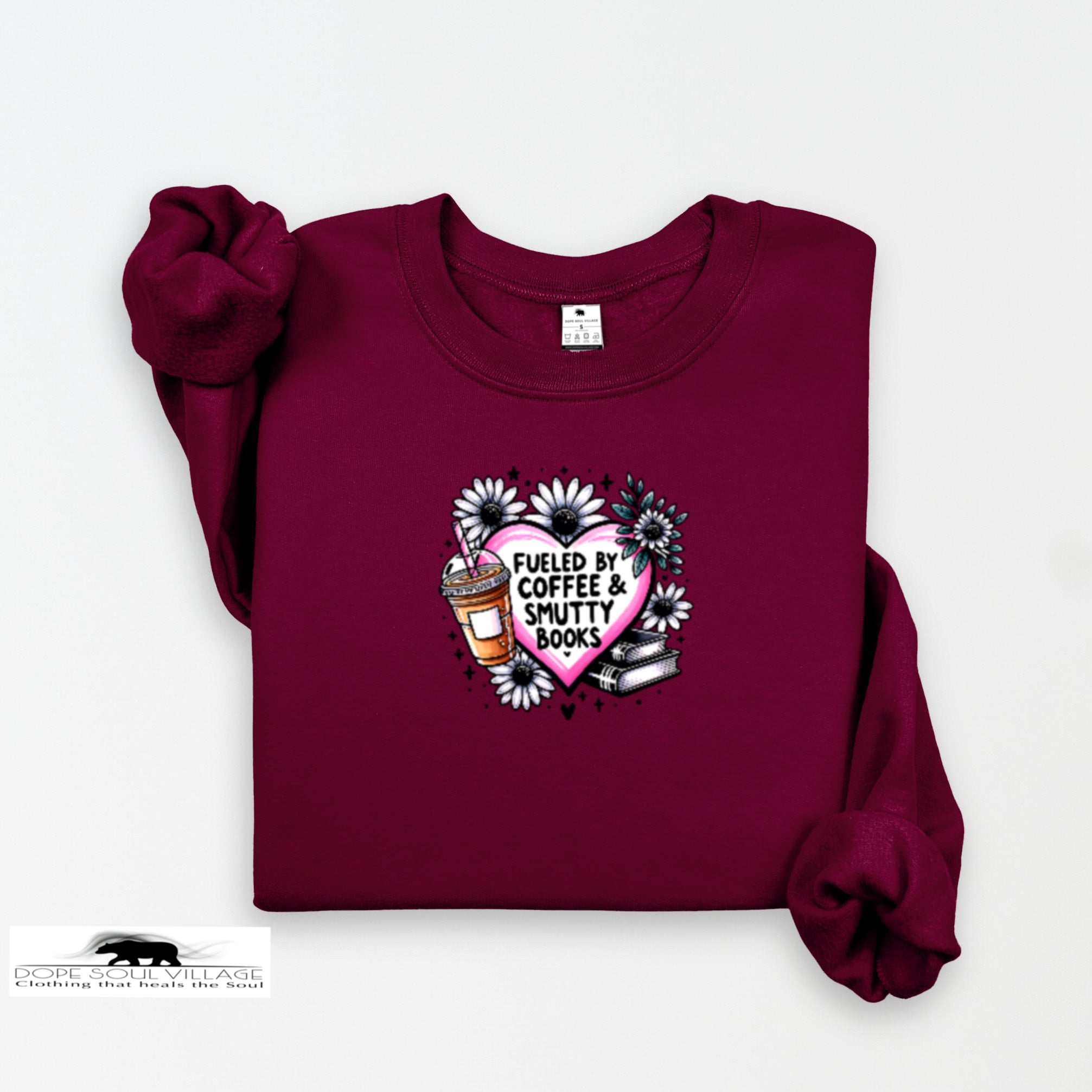 Maroon sweatshirt with a graphic design on a white background