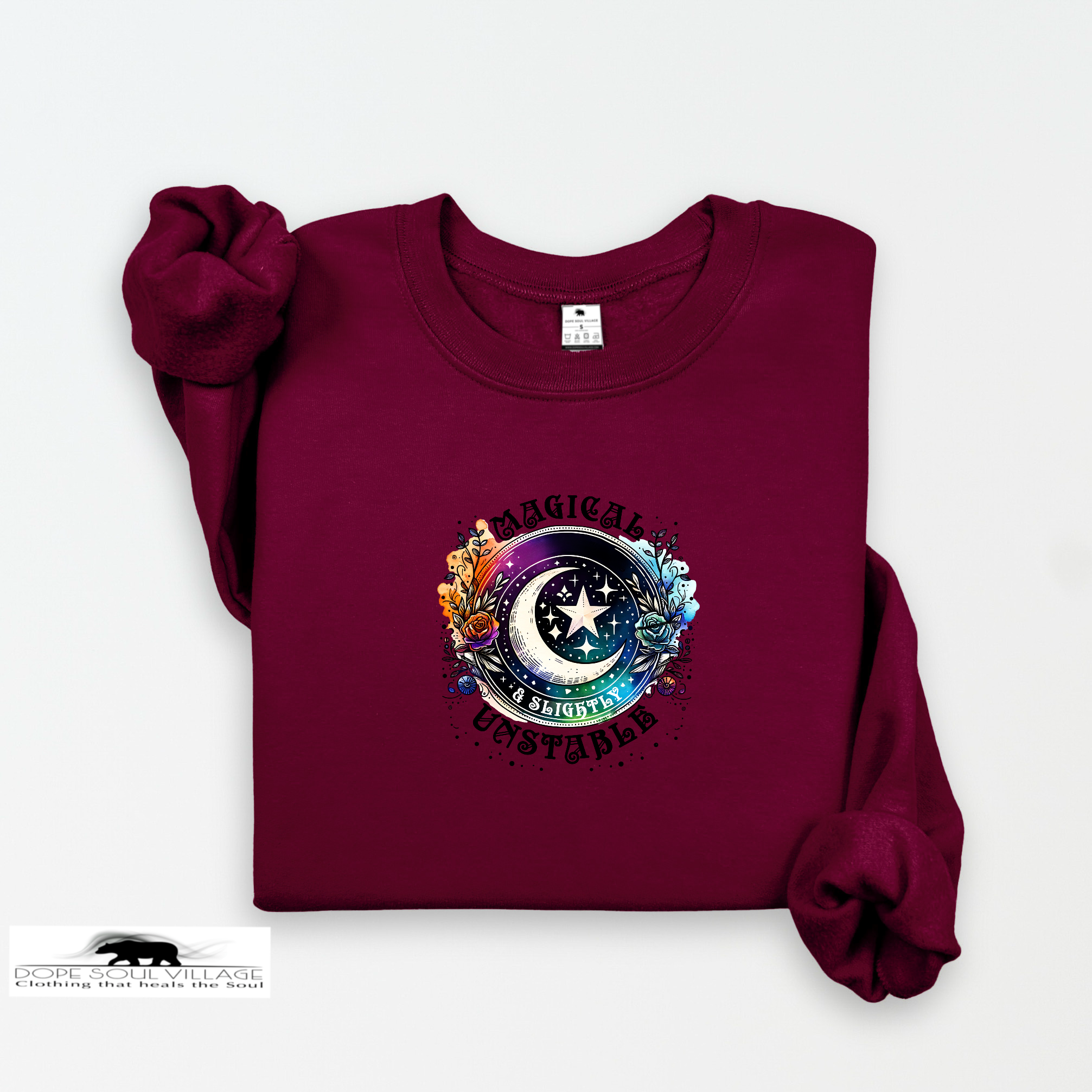 Maroon sweatshirt with a colorful graphic design on a white background