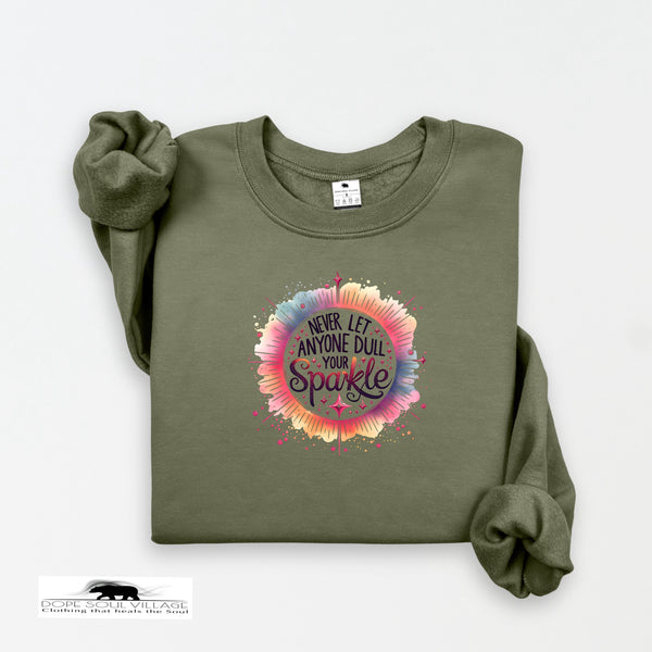 Green sweatshirt with colorful graphic and text on a white background
