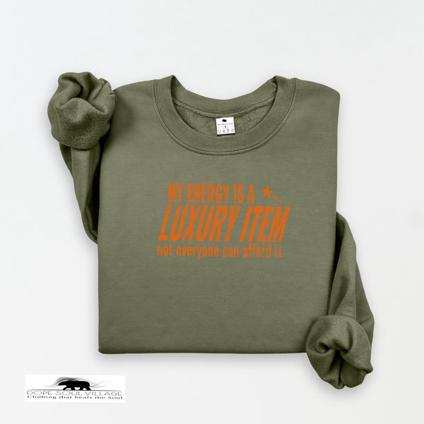 Green sweatshirt with orange text on a white background