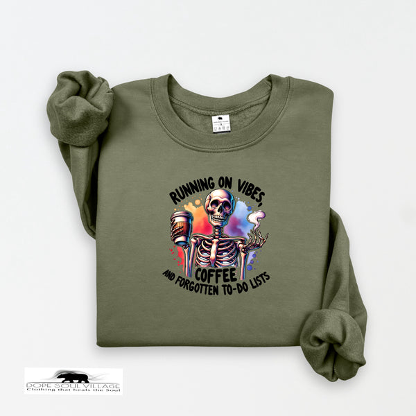 Green sweatshirt with skeleton design and text on a white background