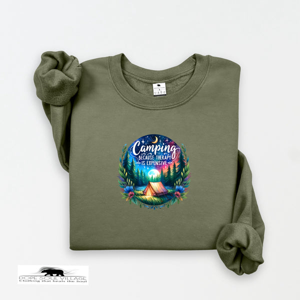 Green sweatshirt with a camping graphic and text on a white background
