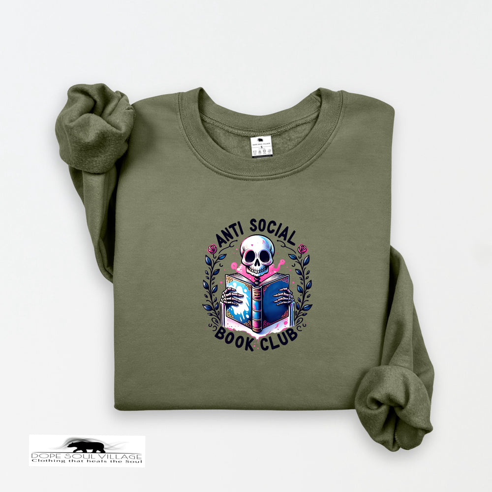 Green sweatshirt with 'Anti Social Book Club' design featuring a skull reading a book on a white background.