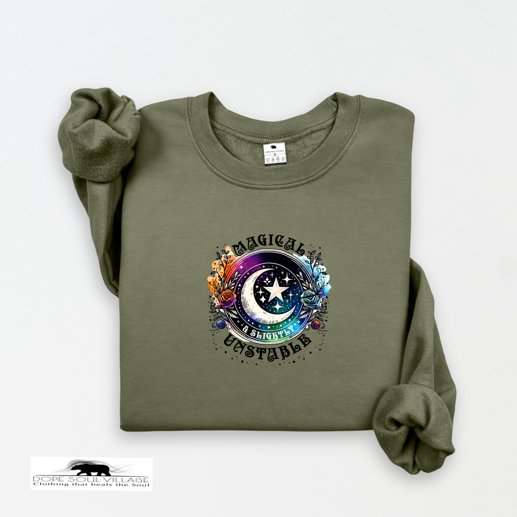 Green sweatshirt with a colorful graphic design on a white background