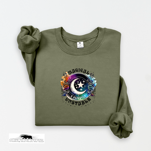 Green sweatshirt with a colorful graphic design on a white background
