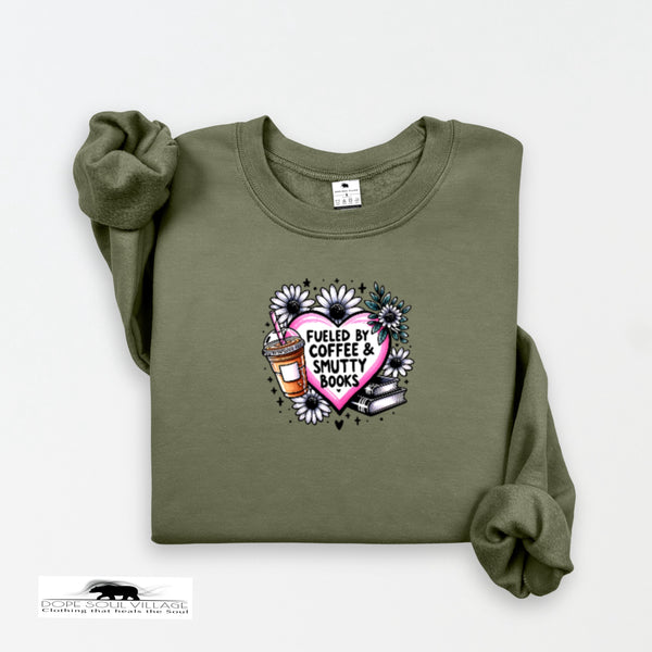 Green sweatshirt with a graphic design on a white background
