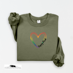 Green sweatshirt with a rainbow heart and 'Happy Pride' text on a white background