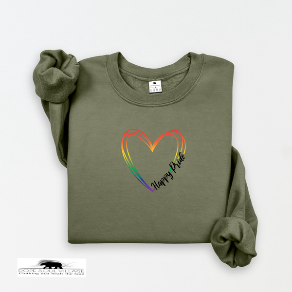 Green sweatshirt with a rainbow heart and 'Happy Pride' text on a white background