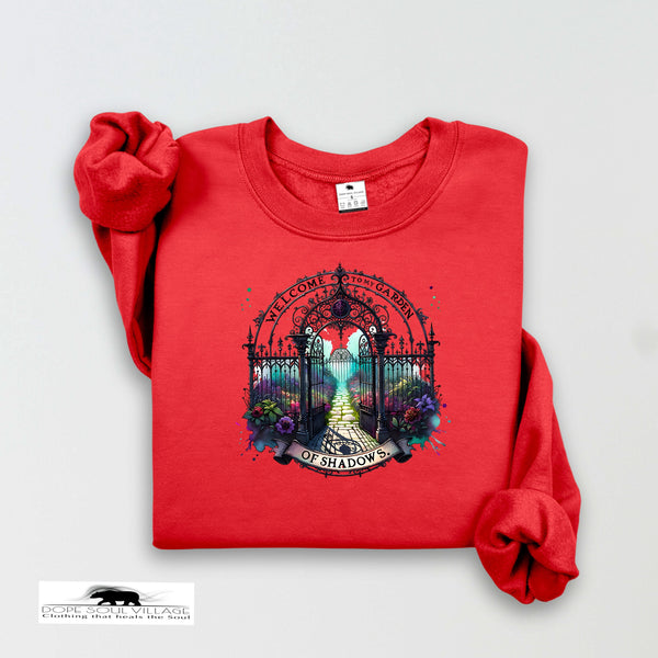Red sweatshirt with a gate design and text on a white background
