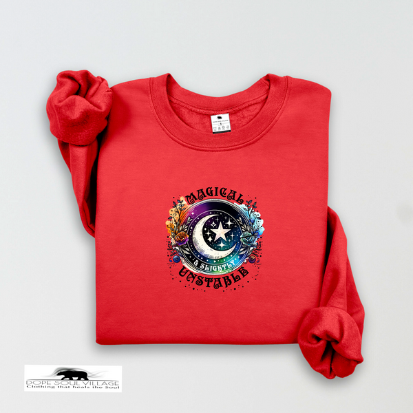 Red sweatshirt with a colorful graphic design on a light gray background